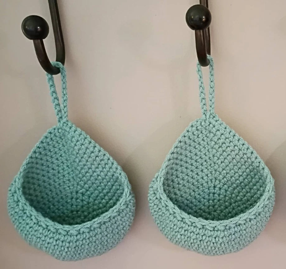 Crochet Handmade Set of 2 Small Hanging Wall Baskets Colour Arctic