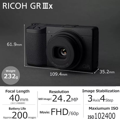 Ricoh GR IIIx Digital Compact Camera (24 MP, 40 mm f/2.8 equiv., Black) - cameraavenue